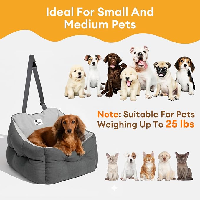 FUNNY FUZZY Dog Car Booster Seat for Small/Medium Dogs Up to 39lbs – Waterproof Fabric, Non-Slip Base, Safety Leash, Fully Detachable & Machine Washable Cover (Gray)