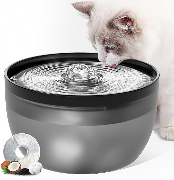 Casfuy W8 Quiet Stainless Steel Dog & Cat Water Fountain with LED Light, Black, 102-oz