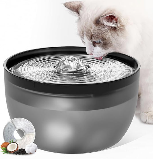 Casfuy W8 Quiet Stainless Steel Dog & Cat Water Fountain with LED Light, Black, 102-oz