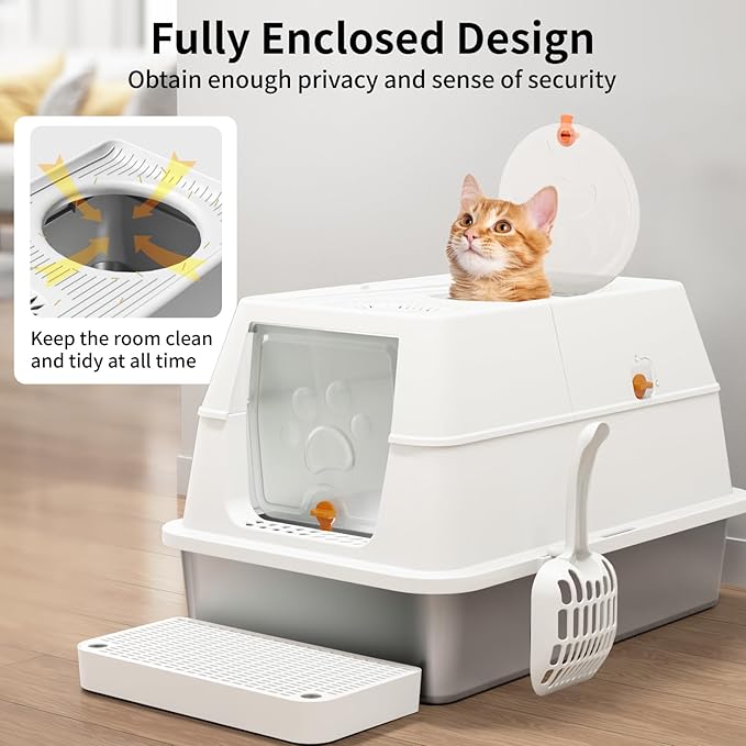 Stainless Steel Cat Litter Box with Lid, 180° Flip-Top XL Extra Large Enclosed Litter Box, Covered Metal High Sided Litter Pan with Steps & Scoop, Easy Cleaning, Odor Control,Non-Sticky-White