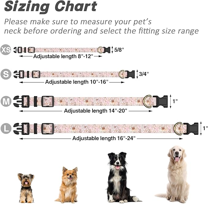 Reflective Dog Collar for Large Dogs, Cute Flower Theme Adjustable Heavy-Duty Nylon Puppy Collar for Boy and Girl Female, Soft Pet Accessories with Quick Release Buckle, Neck 16-24", Pink