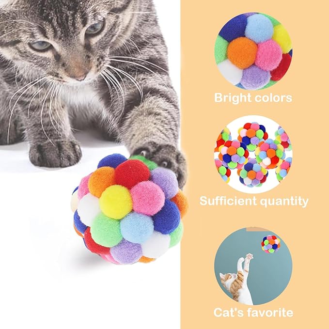 4PCS Cat Toy Balls, 1,75'' Soft Pom Pom Balls for Kittens, Colorful Soft Fuzzy Ball for Cats, Interactive Playing Chewing Toys for Indoor Cats and Kittens, Cute Kitty.