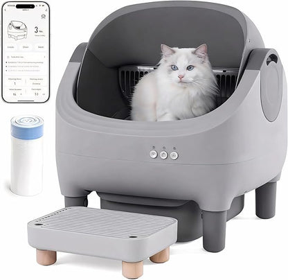 Upgraded Automatic Litter Box with Raised Step, Large Capacity Self Cleaning Litter Box for Multiple Cats with Open Top Design, Safety Protection, Smart App Control, Odor-Free & Health Monitoring