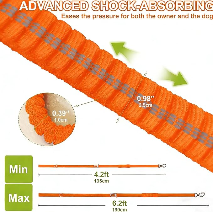 Dog Leash Heavy Duty, 4-6FT Bungee Leash Dog Seat Belt for Car With 2 Padded Handles, Strong Shock Tactical Tug Leashes Reflective Rope Lead for Medium L X-Large Dogs Walking Running Training (Orange)