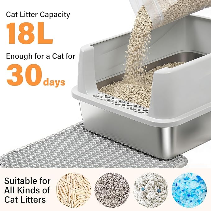 Stainless Steel Cat Litter Box, Metal Kitty Litter Box with High Sides Lid for Kittens, Small or Medium Cats, Open Top Low Entry Litter Pan Include Scoop and Mat, Anti-Urine Leakage, Easy Cleaning, M