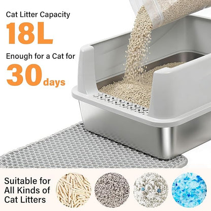 Stainless Steel Cat Litter Box, Metal Kitty Litter Box with High Sides Lid for Kittens, Small or Medium Cats, Open Top Low Entry Litter Pan Include Scoop and Mat, Anti-Urine Leakage, Easy Cleaning, M