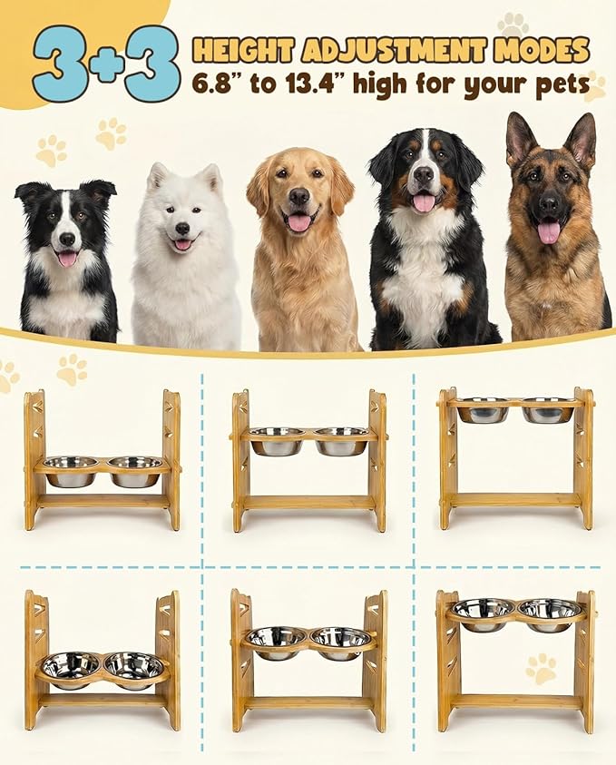 Elevated Dog Bowls, Adjustable Raised Dog Bowl Stand for Medium Large Size Dogs, 15°Tilted Elevated Dog Bowls, Durable Bamboo Dogs Feeder with 2 Stainless Steel Bowls and Non-Slip Feet