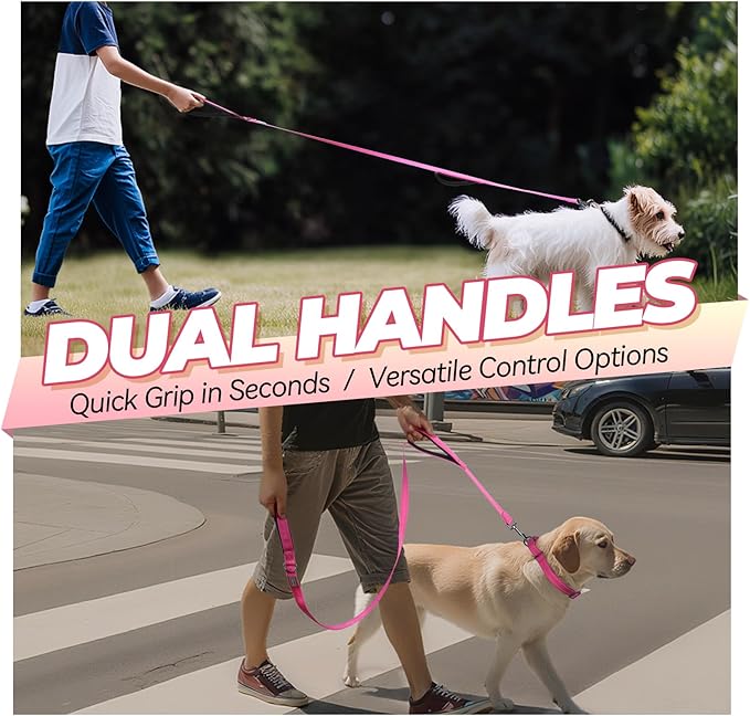 VIVAGLORY Dog Leash Twingrip Double Handle Dog Leash with Traffic Handle Control & 2 Loop for Walking & Training, Reflective Heavy Duty for Puppy Pet Collar, 4ft x 1/2in, Pink