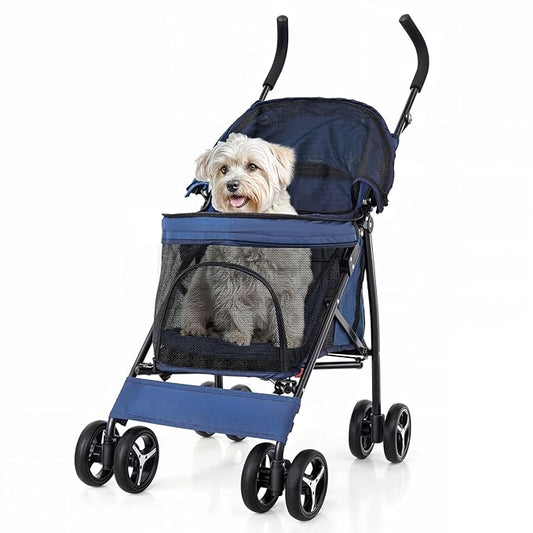 Dog Stroller, 4 Wheels Pet Stroller for Cats and Dogs with Storage Bag & Visible Mesh, Easy-Fold Umbrella Shaped Cat Stroller and Pet Stroller for Medium Dogs & Small Dogs, Navy Blue
