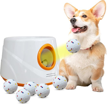 Automatic Ball Launcher for Dogs with 6pcs 2.3 Inch Etpu Tennis Balls,Thrower Distance 20-45ft,interacive Dog Toys for Indoor/Outdoor for Small Or Medium Dogs (White)