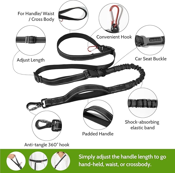 Hands Free Dog Leash 4-in-1, Adjustable 4–6 ft Waist & Crossbody Leash with Seat Belt Clip & Poop Bag Holder, Reflective & Heavy-Duty for Running, Walking, Hiking, Training