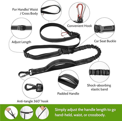 Hands Free Dog Leash 4-in-1, Adjustable 4–6 ft Waist & Crossbody Leash with Seat Belt Clip & Poop Bag Holder, Reflective & Heavy-Duty for Running, Walking, Hiking, Training