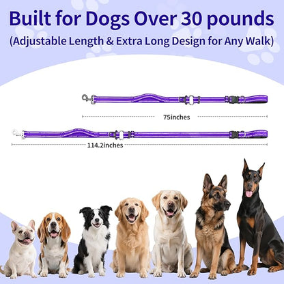 Kazazoo Hands-Free Dog Leash with Adjustable Length 6-9FT + Dual Padded Handles Reflective Safety for Walking, Jogging & Training | Suitable for Medium to Large Dogs & Puppies Purple-L