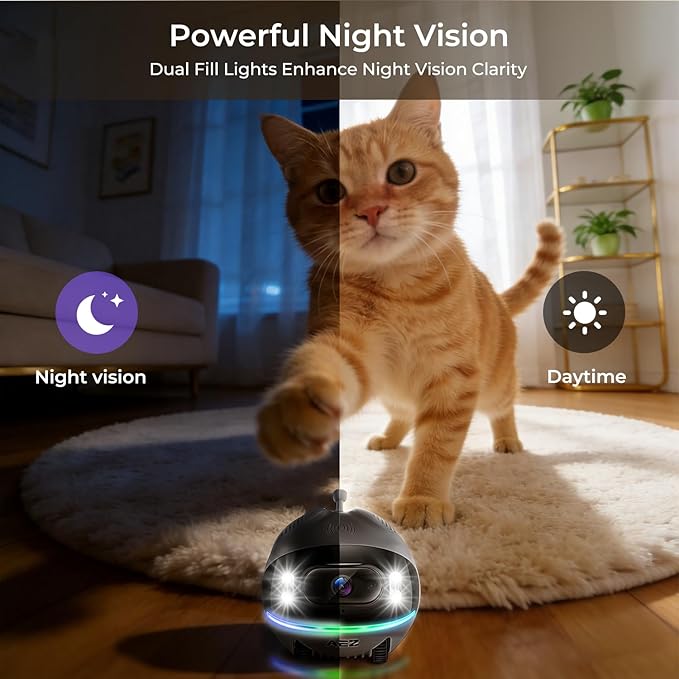 AEZ Robot Camera on Wheels 1080P Dual Lens,Indoor Movable Security Camera with 2-Way Talk,Blinky Bot with Night Vision,Distance Bot App Control for Cats/Dogs/Baby/Elderly (SD/Cloud Storage)