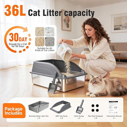 2PACK Stainless Steel Litter Boxes, Extra Large XL Odor Free Metal Litter Box with High Sides, Open Top Litter Pan Include Scoop Easy Cleaning Anti-Scratch Kitty Cat Box Anti-Urine Leakage, Non-Sticky