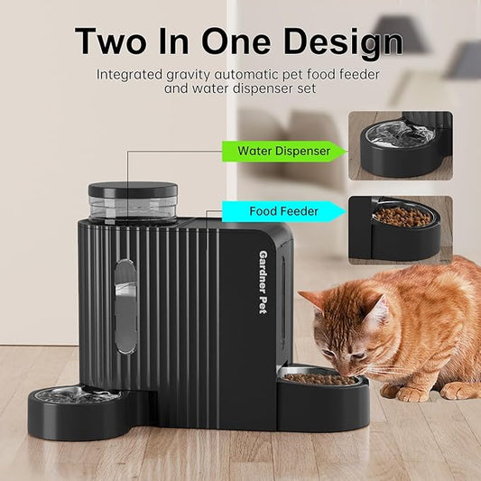 Gardner Pet Gravity Cat Food Feeder and Water Dispenser Stainless Steel Bowls Two-in-One Set Large Capacity Automatic Feeder for Pets Dogs, Puppies, Kittens-(0.8 Gallons x 2)