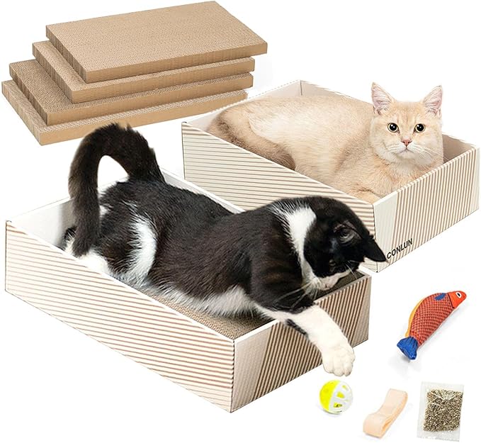 Cat Scratcher Box with 4 Scratching Pads&2 Separate Cardboard Boxes,2-in-1 Cardboard Cat Scratch for Multiple Kitten Interactive Play,Gradient(Ball & Fish Catnip Toy Included)