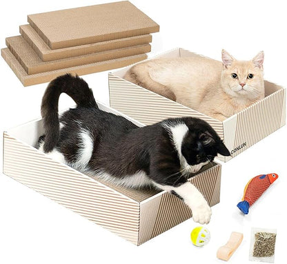Cat Scratcher Box with 4 Scratching Pads&2 Separate Cardboard Boxes,2-in-1 Cardboard Cat Scratch for Multiple Kitten Interactive Play,Gradient(Ball & Fish Catnip Toy Included)