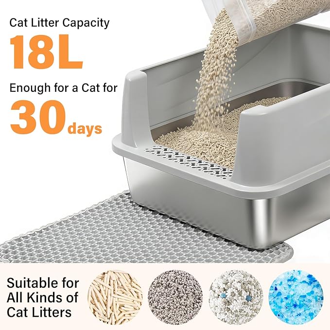 M Stainless Steel Cat Litter Box with Lid,Metal Litter Box High Sides for Kitty/Small Cats,Open Design,Indoor,1-Mat and 1-Scoop,Easy to Clean, No Odor,Anti-Urine Leakage