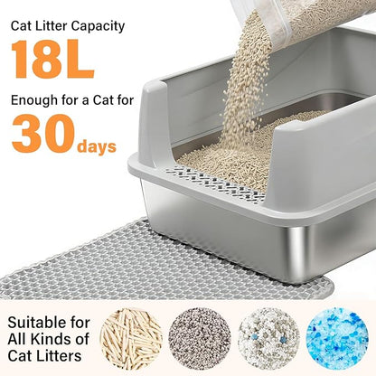 M Stainless Steel Cat Litter Box with Lid,Metal Litter Box High Sides for Kitty/Small Cats,Open Design,Indoor,1-Mat and 1-Scoop,Easy to Clean, No Odor,Anti-Urine Leakage