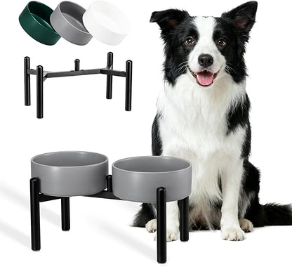 Dog Bowls Elevated - Ceramic Raised Dog Bowl with Non Slip Steel Stainless Stand - No Spill and Heated Feeding Station - Food and Water Dish Set for Medium to Large Pet - Each Holds 7.5 Cups – Grey