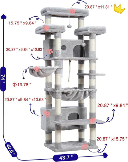 Cat Tree for Indoor Cats Large Adult, 74" Cat Tower with 3 Big Platforms, 2 Baskets, 2 Condos, Multi-Level Cat Scratching Posts, Light Gray GCT030W