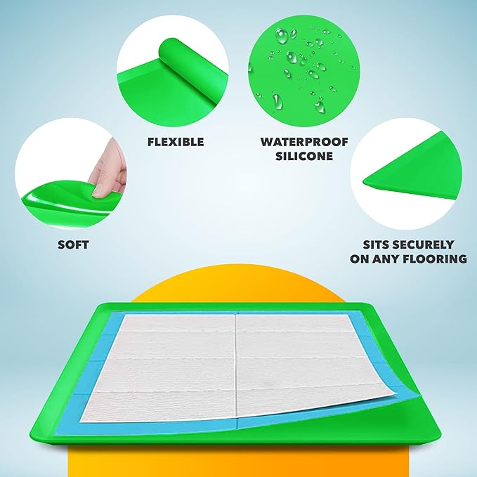 Skywin TidyFriend Dog Pee Pad Holder Tray - Fits Up to 24” x 24” Pee Pad Holder for Dogs - Stable Grip, Raised Edges, Quick-Wipe Silicone Surface Dog Pad Holder for Indoor Flooring Protection (Green)