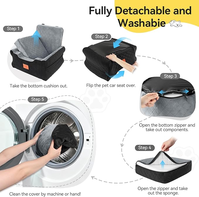 NEEZUKAR Dog Car Seats for Small/Medium Dogs, Elevated Memory Foam Dog Booster Seat, Detachable Washable Pet Car Seat with Safety Belts & Storage Pockets (Black-Gray)