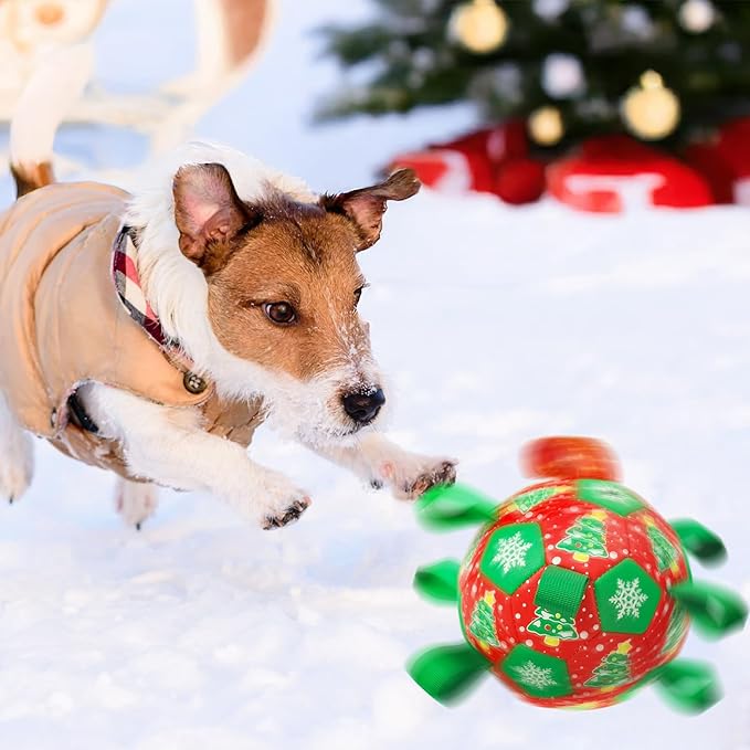 Dog Soccer Toy with Straps - Interactive Ball for Tug of War, Medium Large Dogs - Christmas Xmas Tree Snowflower Pattern