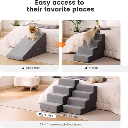 Gardner Pet Dog Stairs for Small Dogs 22" H, Large 2 in 1 Transformable 4-Step Pet Stairs and Dog ramp, Steps for Couch with Durable Non-Slip Waterproof Fabric Cover and Soft Foam, Grey