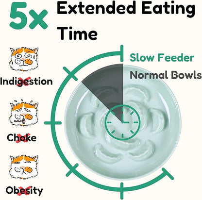 Slow Feeder Bowl for Cats and Small Dogs - Set of 3 Melamine Puzzle Cat Plates for Wet & Dry Food- Whisker Friendly & Dishwasher Safe & Non Slip Design (Blue + Green +White *3, 6.3''W)