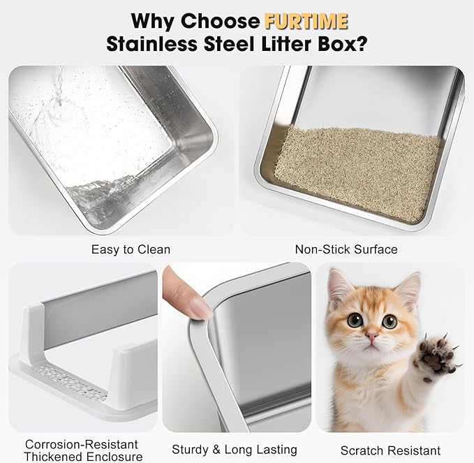 FURTIME Stainless Steel Cat Litter Box with Lid, Metal Kitty Litter Box for Small Cats, Kitten Litter Boxs with Scoop and Mat, Non-Sticky, Anti-Leakage, Easy to Clean, 17"x13"x8.4" (Small)