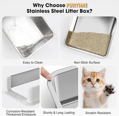 FURTIME Stainless Steel Cat Litter Box with Lid, Metal Kitty Litter Box for Small Cats, Kitten Litter Boxs with Scoop and Mat, Non-Sticky, Anti-Leakage, Easy to Clean, 17"x13"x8.4" (Small)