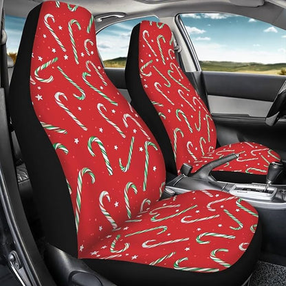 Dreaweet Candy Cane Print Car Seat Covers Front Seats Only 2 Piece Christmas Car Accessories Red Washable Universal Bucket Seat Covers for Cars SUV Sedan Easy to Install