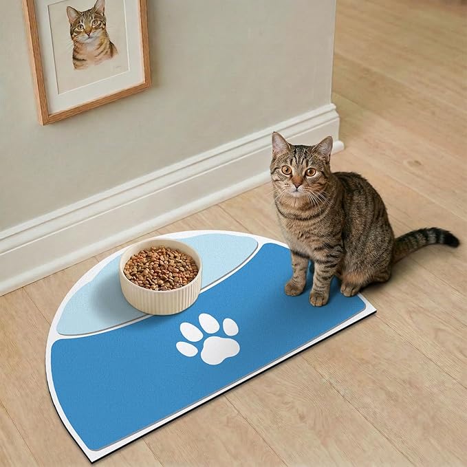Dog Feeding Mat, 20''x12'' Absorbent Small Pet Food Mat, Wipe Clean Pet Placemats for Food and Water, Non-Slip Rubber Mat for Dog Bowls, Fit with Single Normal Dogs Bowls, Blue