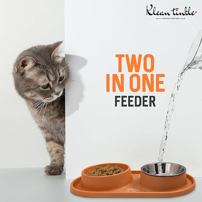 Pets Anti Skid Double Slow Feeder Dog Bowls with Non Skid Silicone Mat - Stainless Steel Dog Water Bowl for Cats & Pets (Orange)