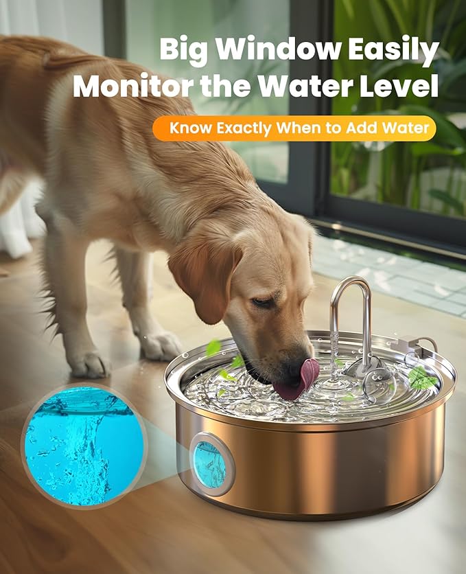 Oneisall Pet Water Fountain with 8Set Filters, 7L/230oz Quiet Dog Water Dispenser, Stainless Steel Dog Fountain with Visual Water Level&4-Layer Filtration for Large Dogs