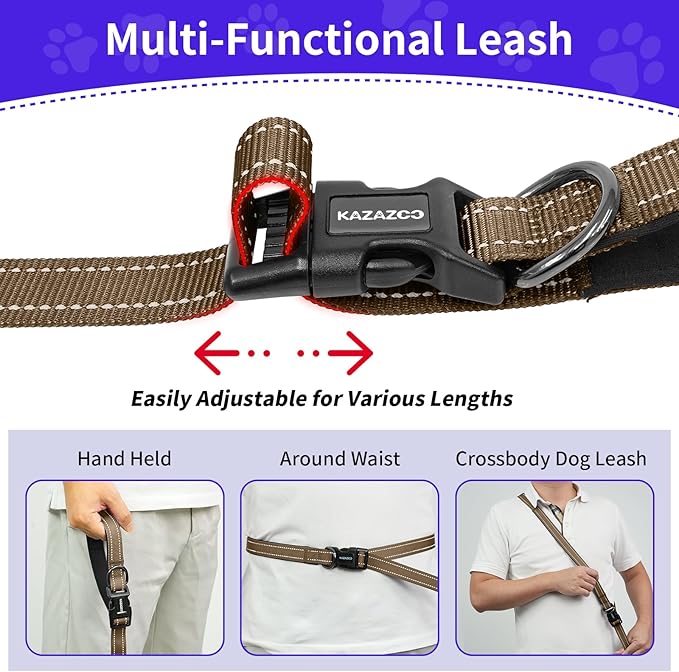Kazazoo Hands-Free Dog Leash with Adjustable Length 6-9FT + Dual Padded Handles Reflective Safety for Walking, Jogging & Training| Suitable for Medium to Large Dogs & Puppies Brown-L