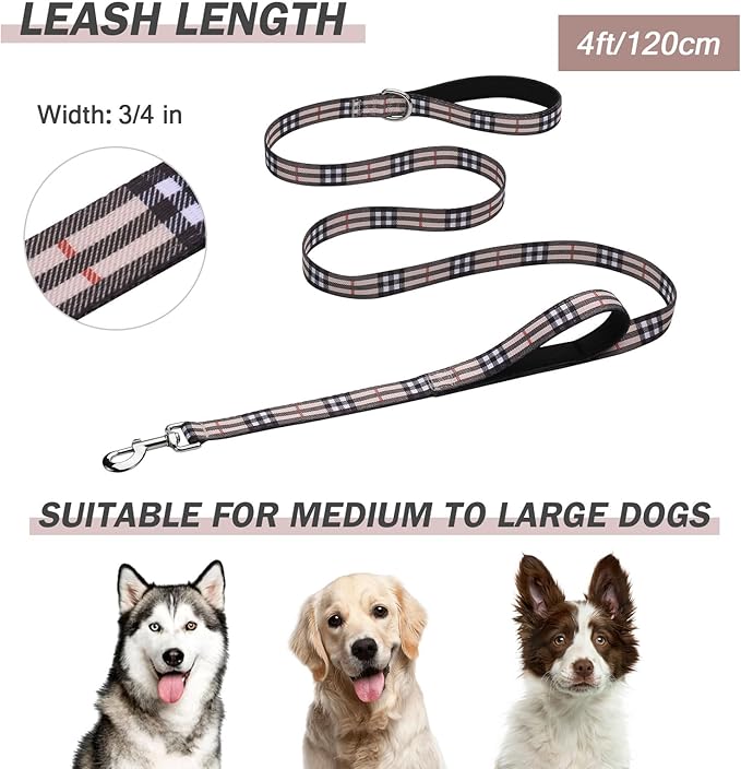 Hikiko 4 Foot Cute Girl Double Handle Dog Leash Padded Traffic Handles for Walking Training (Beige Plaid, 4ft)