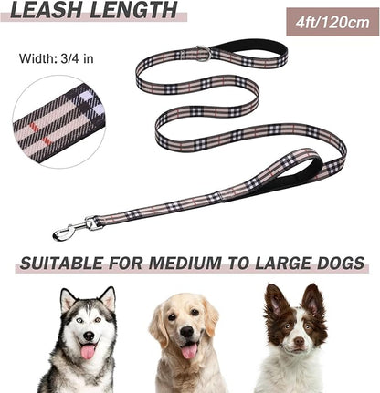 Hikiko 4 Foot Cute Girl Double Handle Dog Leash Padded Traffic Handles for Walking Training (Beige Plaid, 4ft)