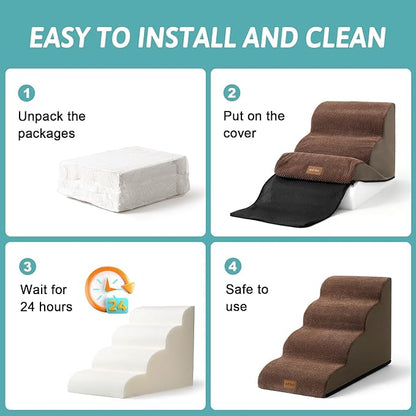 Wide Dog Stairs for Small Dog 15.7" H, Pet Step for Puppy, Older Cat, Curved Ramp for Couch, Durable Anti-Slip Ladder with High Density Foam, 3 Step, 17.7x22.4x15.7 inch, Brown