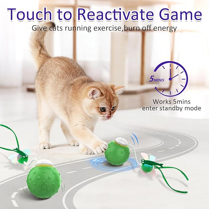 Interactive Cat Ball Toy, Fast Moving Cat Toys for Indoor Cats-with Dragonfly & Feather Tails,Automatic Motion Activated, Realistic Squeak Sound for Exercise Stimulation (Green)