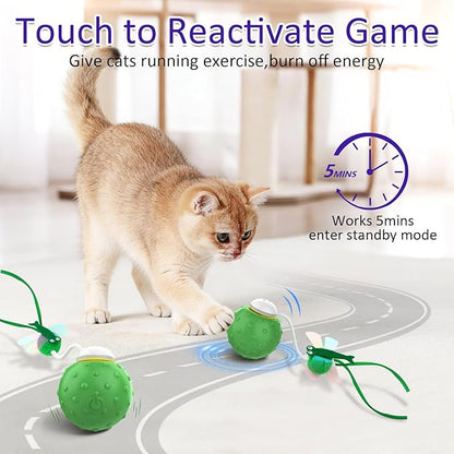 Interactive Cat Ball Toy, Fast Moving Cat Toys for Indoor Cats-with Dragonfly & Feather Tails,Automatic Motion Activated, Realistic Squeak Sound for Exercise Stimulation (Green)