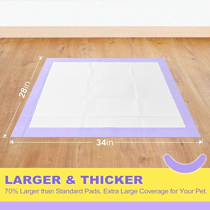 MIZOK Puppy Pads 28x34in Lavender Scented, Dog Pee Pads Extra Large Odor Eliminating Ultra Absorbent Up to 8 Cups, 6 Layers Leak-Proof & Quick-Dry Purple (40 Counts)