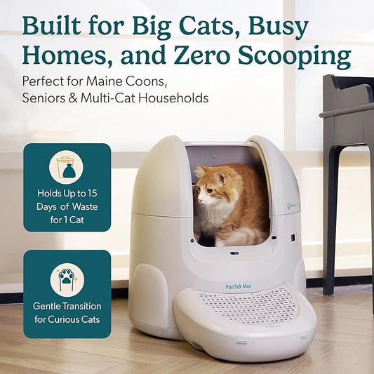 Petcove Self Cleaning Automatic Litter Box for Multi Cat - XL 65L Drum/Ultra Quiet 30-35dB Operation / 5 Safety Sensors/Easy App Control with Ultra Fast 5 GHz WiFi - Includes Ramp & 15 Litter Bags