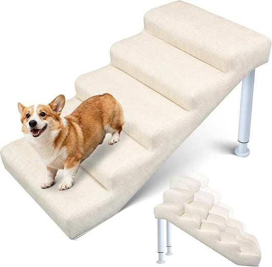 DoCred Adjustable Dog Stairs for Beds & Sofas - 5 Step 18.5"-21.6" H Non-Slip Pet Stairs for Small to Medium Dogs & Cats, Supports up to 150 lbs - Linen Faux Leather Dog Steps