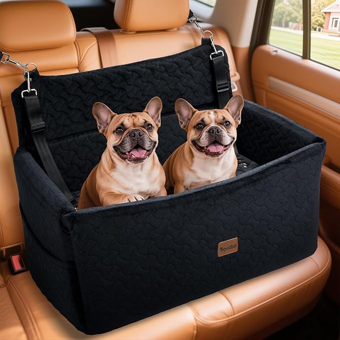 Dog Car Seat for Large Medium Dogs up to 60 lbs or 2 Small Dogs – Elevated Dog Booster Seat for Cars 14in Height, Washable Pet Car Seat, Thick Cushion Backseat with 2 Safety Leashes(Black Full)