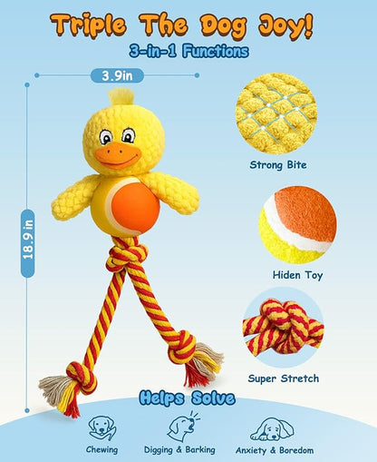 Swooflia Durable Squeaky Dog Toy - Interactive Plush Cute Duck with Rope Legs, Teeth Cleaning Tug Toy for Small Medium and Large Dogs, Puppy Chew Toy for Training and Play