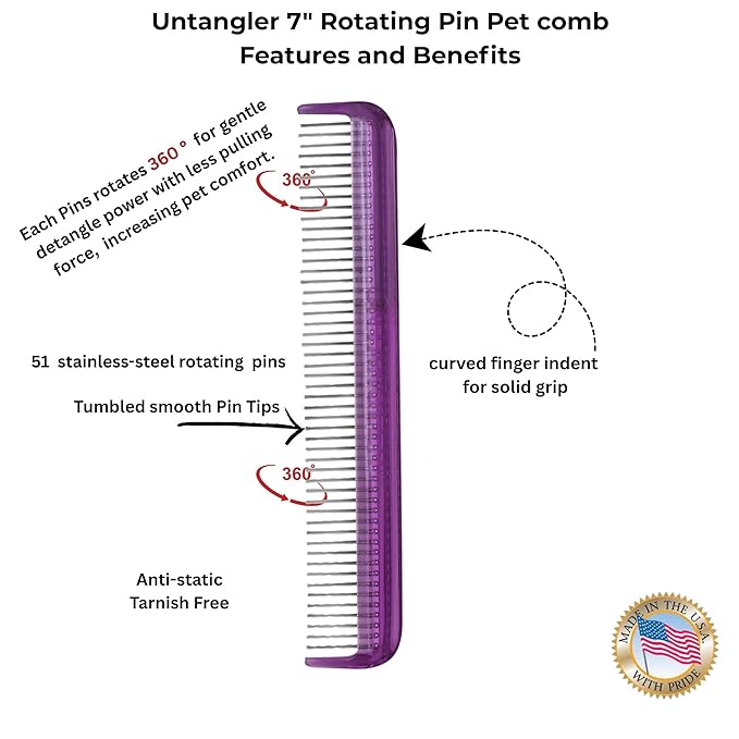 Pet comb for easy mat removal - silky smooth rotating teeth untangles without causing pain to pets. (7", Purple)