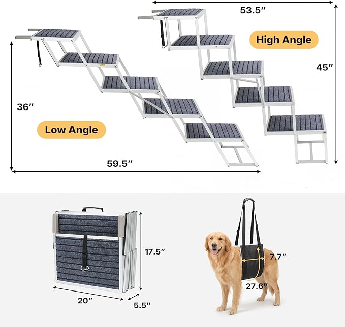 Veehoo Extra Wide Dog Steps for Car Truck SUV Foldable, 5 Steps Lightweight Aluminum Dog Stairs for Injured Senior Large Dogs 20" Wide, Folding Pet Ramp Ladder with Non Slip Surface, up to 170lbs